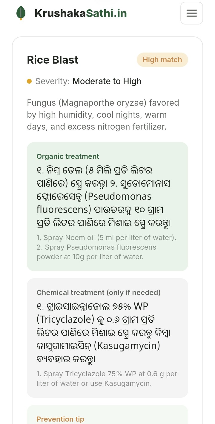KrushakaSathi.in showing a rice blast diagnosis with organic treatment advice in Odia